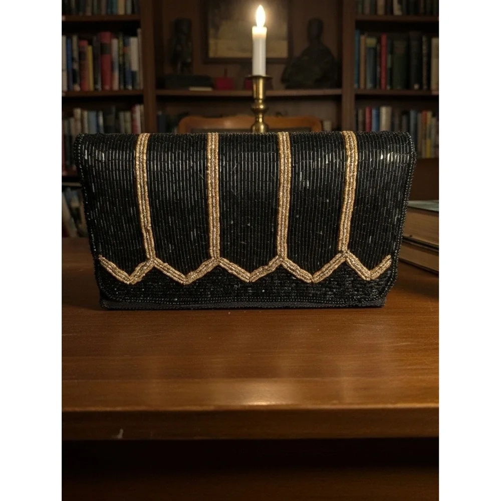 VTG La Regale‎ Black Hand Beaded Satin Clutch Evening Bag Dark Academia Coquette